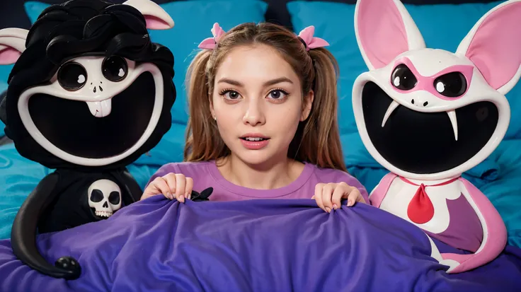 The image shows a girl lying in bed with a surprised or worried expression, holding a purple blanket close to her. On either side of her are two cartoonish characters: one resembling a sheep and the other a bat-like creature. The sheep character has large,...