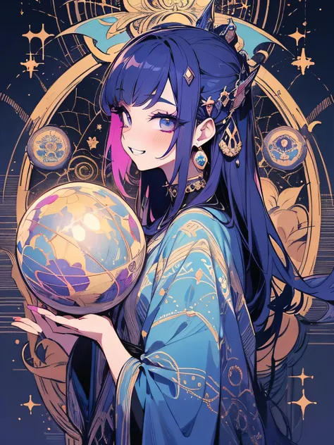 sideview,Alone,(looking at viewer:1.3),eyeshadow,black lips,makeup,sexy grin,Magi Master、misterious crystal ball,redo purple imagination,misterious room,Fortune telling、constellation、Mandala、kaleidoscope,(manga style),(sketch),(illustration),