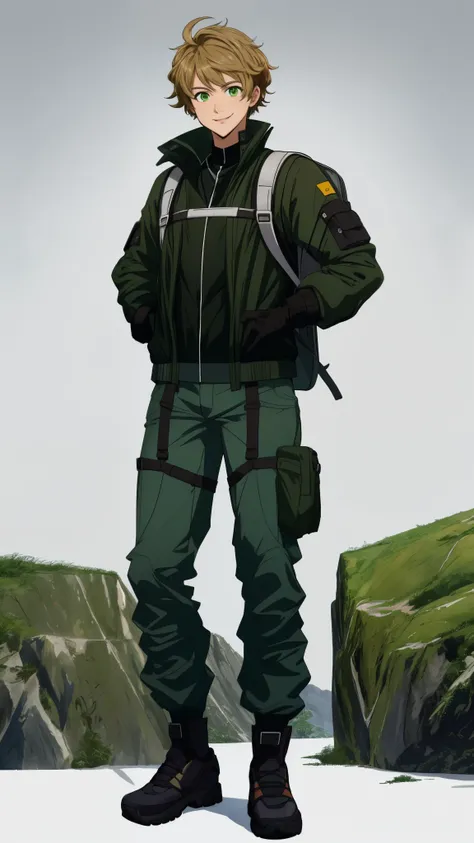 masterpiece, best quality, ((ultra detailed)), hyper detailed, highres, FHD, ((detailed face)), geological surveyor, glad, smiling, standing, arms crossed, looking at viewer, front view, short hair, messy hair, dark blonde hair, green eyes, with sparkling ...