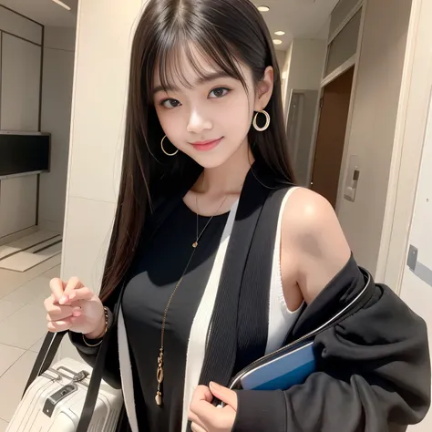 A very cute face like an idol、Looks like a young face、20-year-old female、Gentle and cute、A kind smile、( wearing (black and white) chic outfit for travelling), ((whole body像))、Cleavage, ((in Paris))、eifel behind her, Cinema lighting、Natural light、whole body...