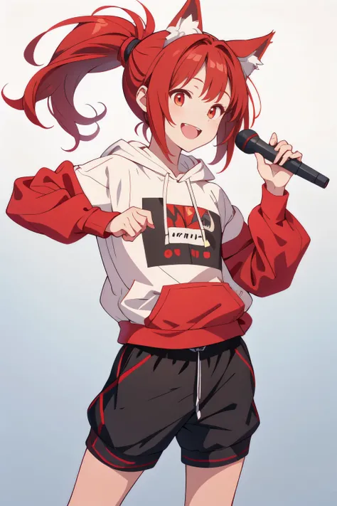 This is a life-size high school boy with wolf ears, red hair, ponytail, and open hoodie, smiling and holding a microphone with one hand on his hip