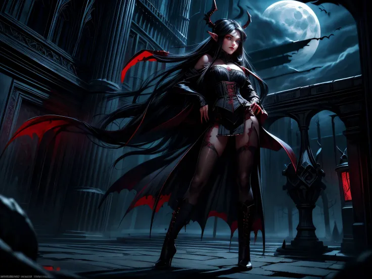(Masterpiece, highest quality, Best Quality, Beautiful and aesthetic:1.2), full body, ultra feminine vampire elf wizard, (long flowing black hair:1.3), (red eyes:1.2), intricate blue dress with glowing runes, flowing red cloak, high-heeled boots, (vampiric...