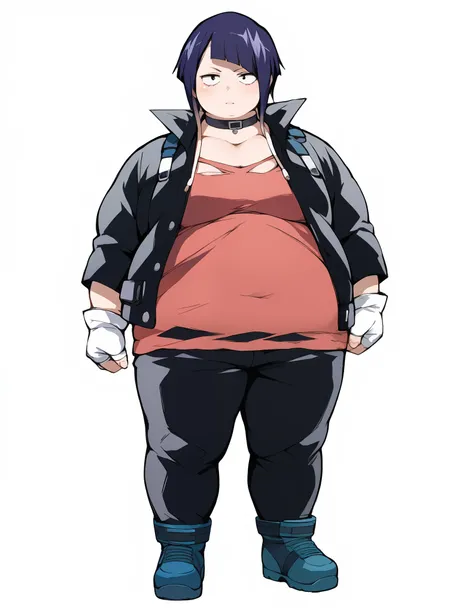 jirouSDXL,1girl,short hair,shirt,gloves,jacket,dark purple hair,black eyes,open clothes,choker,pants,white gloves,fingerless gloves,open jacket,black jacket,black pants,red shirt,jirou kyouka, fat, chubby, obese, full body shot 