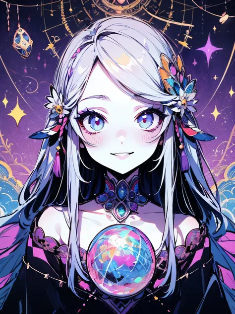 Alone,(looking at viewer:1.3),eyeshadow,black lips,makeup,sexy smile,Magi Master、misterious crystal ball,redo purple imagination,misterious room,Fortune telling、constellation、Mandala、kaleidoscope,(manga style),(sketch),(illustration),