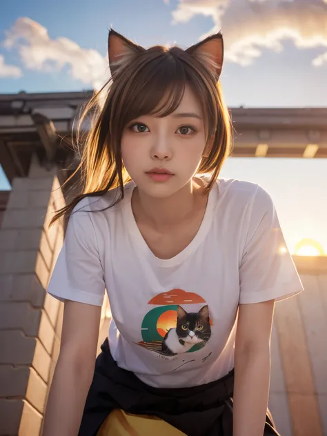 4K.HD. (Masterpiece, Best Quality, ) ,bokeh, a girl, Light brown beautiful hair, Light brown eyes, Plump breast, Blushed face, (cat ear:1.2), colourful t-shirt,  (Japanese idle:1.6), Looking at the viewer, (background is sunset wall street:1.4), (From belo...