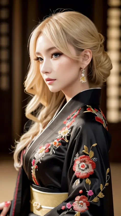 ((Best Quality)), ((masterpiece)), ( Details), 1girl, sexy, A beautiful woman, Light blonde hair, soft loose curls, black gloves, Elaborate Costumes(High-end kimono(Black kimono(Detailed embroidery))), black lace gloves, Light blonde hair, soft loose curls...