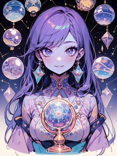 Alone,upperbody:1.2,(looking at viewer:1.3),eyeshadow,black lips,makeup,sexy smile,Magi Master、misterious crystal ball,redo purple imagination,misterious room,Fortune telling、constellation、Mandala、kaleidoscope,(manga style),(sketch),(illustration),