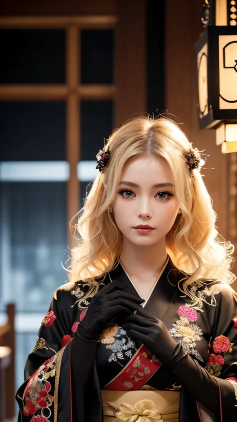 ((Best Quality)), ((masterpiece)), ( Details), 1girl, sexy, A beautiful woman, Light blonde hair, soft loose curls, black gloves, Elaborate Costumes(High-end kimono(Black kimono(Detailed embroidery))), black lace gloves, Light blonde hair, soft loose curls...