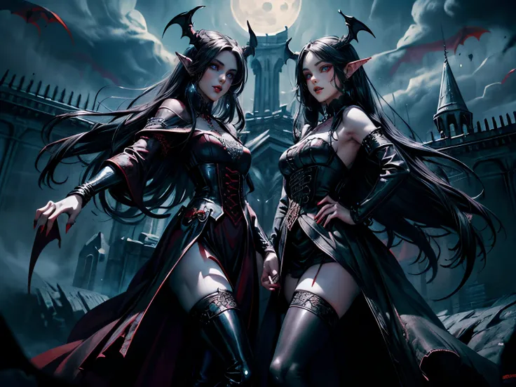 (Masterpiece, highest quality, Best Quality, Beautiful and aesthetic:1.2), 1 girl, full body, ultra feminine vampire elf wizard, (long flowing black hair:1.3), (red eyes:1.2), intricate blue dress with glowing runes, flowing red cloak, high-heeled boots, (...