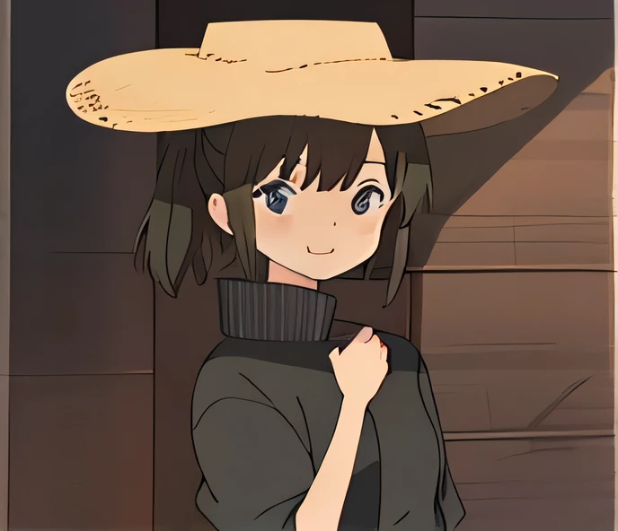 Girl with a cowboy hat, Hand on face, linda, ANIME STYLE, happy, western, black hat
