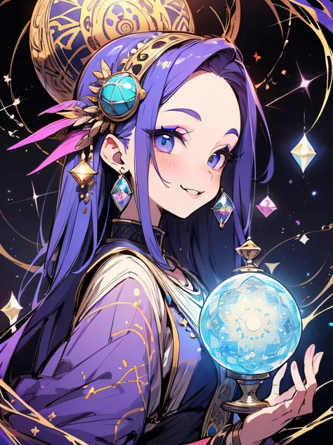 sideview,Alone,upperbody:0.6,(looking at viewer:1.3),big forehead,eyeshadow,black lips,makeup,sexy smile,Magi Master、misterious crystal ball,blue purple imagination,misterious room,Fortune telling、constellation、Mandala、kaleidoscope,(manga style),(sketch),(...