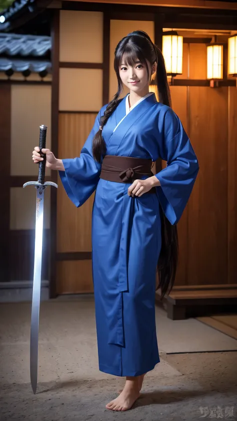 (8k, Photo quality), ( beautiful Japanese woman, age17), Shrine maiden, Blue Hakama, (Full body image, Model body type, Stand with a sword), (Right arm forward ,  left leg forward), (Dark brown long hair,  ponytail), Deep blue eyes, Perfectly sculpted face...