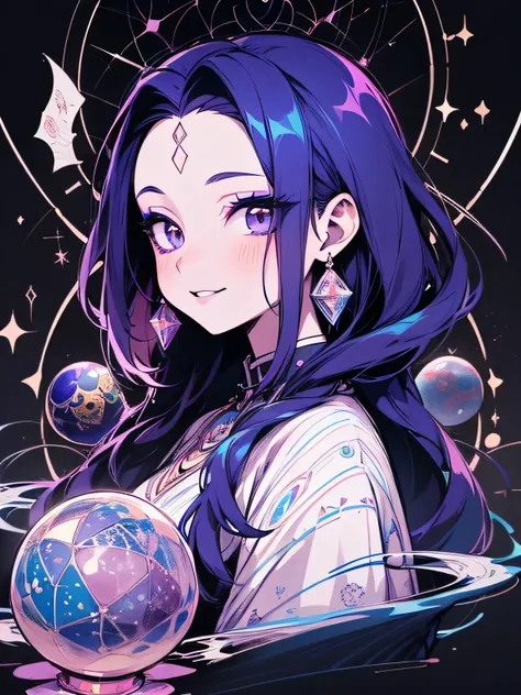 sideview,Alone,upperbody:0.6,(looking at viewer:1.3),big forehead,white eyes,eyeshadow,black lips,makeup,sexy smile,Magi Master、misterious crystal ball,blue purple imagination,misterious room,Fortune telling、constellation、Mandala、kaleidoscope,(manga style)...