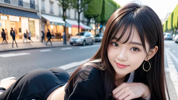 A very cute face like an idol、Looks like a young face、20-year-old female、Gentle and cute、A kind smile、( wearing black chic outfit for travelling), ((whole body像))、Cleavage, ((in Paris street))、eifel behind her, Cinema lighting、Natural light、whole body、RAW ...