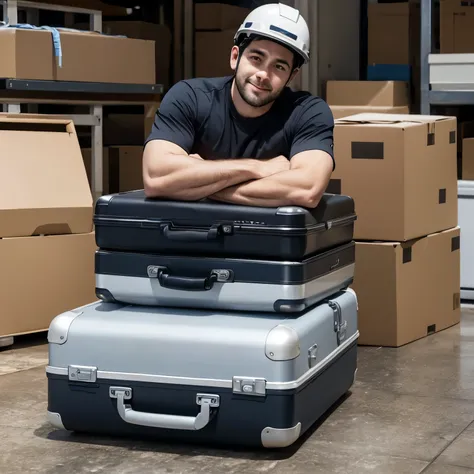 happy 30 year old man, working on loading luggage, lazy, carregamento de lazy, heavy work, suitcases, work helmet, perfect face, without defects, 4K, full hd