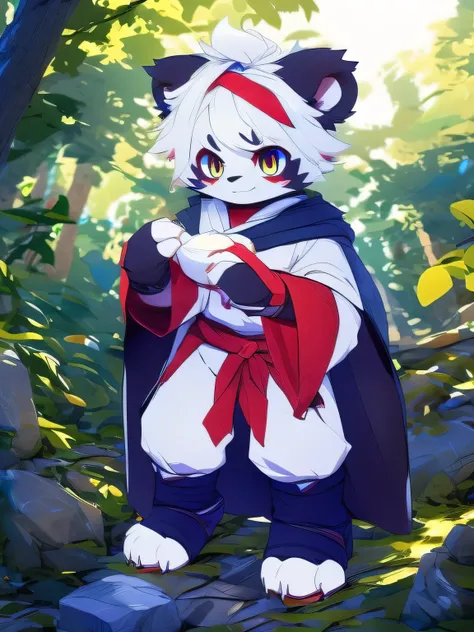 nj5furry，kemono，full-length portrait，anthro，hi res，male，White hair，panda，warrior，Strong body， fluffy hair ，White Hanfu，claw socks，Metal Gauntlets， fingerless gloves，cloak， white plush paws，Golden pupils， Meticulous Eyes ，Detailed eyes