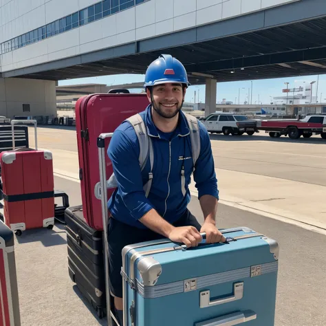 happy 30 year old man, working on loading luggage, lazy, carregamento de lazy, heavy work, suitcases, work helmet, perfect face, without defects, 4K, full hd