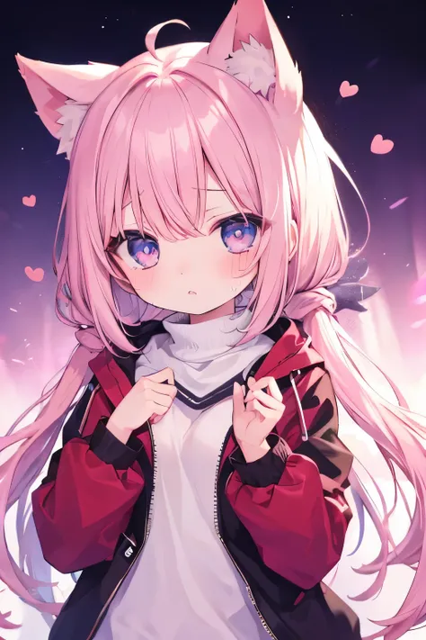  Oversized Jacket、Round 1、 with light pink hair,Very beautiful and Shining Eyes、Shining Eyes、 1 girl、Small breasts、cat ears、((((()))))、heart❤、((sweat、vapor)）