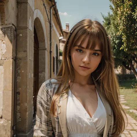  1 young Russian girl , Long, thick, golden blonde hair, Bangs, Beautiful and detailed brown eyes, Perfect lips , Fitted Suit, Tuscany landscape background , , an expression of happiness and peace, Sexy figure, Perfect shape, Whole body,  wearing a checker...