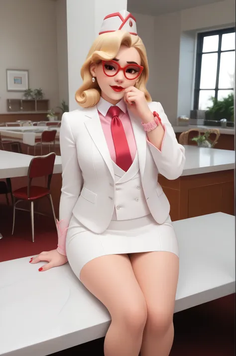 score_9, score_8_up, score_7_up, 1girl, sprinkles mei, mei (overwatch),  three-piece suit, 1girl, solo, blonde hair, glasses, sprinkles mei, smile, pretty, formal, jewelry, (((white skirt suit))), (((red silk necktie))), earrings, (((white jacket))), (((pi...