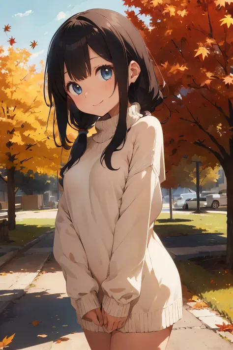 ((Highest Quality)), ((Excellent)), (Details),((Japanese)),Black Hair, ((Girl)),((Straight Hair)),(Long Sweater),Shiny Hair,,Medium Bust, ((grassland)),((blue eyes)),Excellent, (( sweaters that kill virgins)),((Bottoms Naked)),Natural Light, ((Autumn Leave...