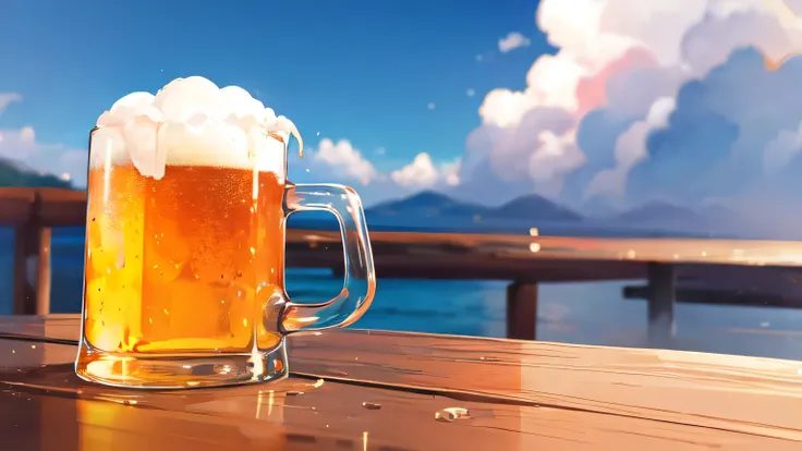 Beer mug　 No Humans , scenery, summer, null, cloud, Blurred Background, masterpiece,  best quality,  ULTRA DETAIL,