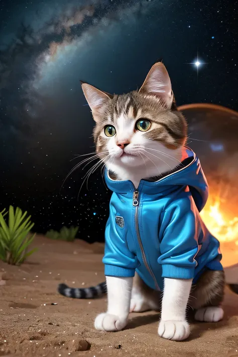 On the mysterious surface of Venus ， A cute cat wearing a spacesuit ， Bravely explore the unknown world 。 In front of it is an advanced rover ，, the car body shimmers with a metallic luster ， seems to be waiting for instructions from cats 。 The sky is fill...