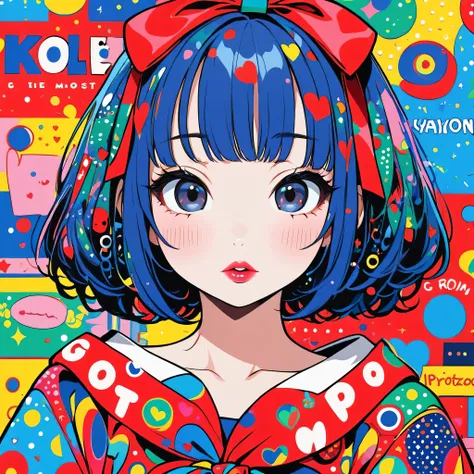  Ultra-realism Yayoi Kusama colorful style,  simple line acronym ，Abstract art，(((The most beautiful girls))), Kind Face. Lips in Love, Pop and stylish design , Dark Eyes, (((Holiday Room))), (((Cute Protozoan)))