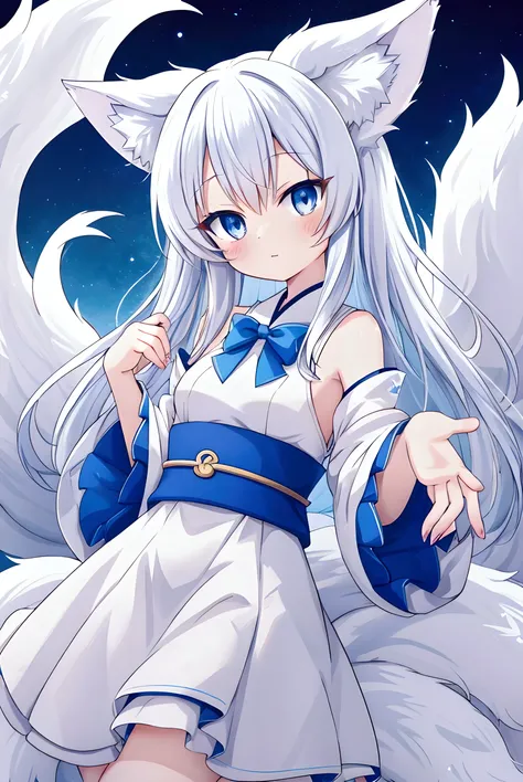 Anime kitsune nine-tailed fox girl hair white and blue in short
