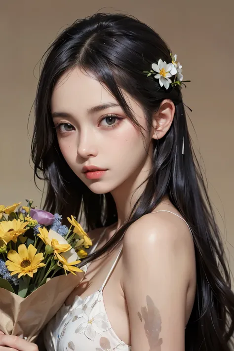 ((masterpiece)), ((best quality)), ((ultra-detailed)),((hyperrealistic)),(japanese cute girl),(shiny skin),1 girl,(black hair),long hair,forehead,(plain forehead),(black eyes,tareme,droopy eyes),(small breasts,slenderbody),,flower shop,bunch of flowers,bou...