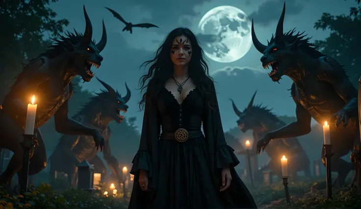 Female wizard, very detailed wizard, Wiccan makeup. The hideous beasts looks very angry and ready to cause chaos, DEVIL SPAWN. Halloween, cemetery, candles, sharp light and shadows, night, etherial mist, moonlight, horizon, panorama, ray tracing, DSLR, UHD...