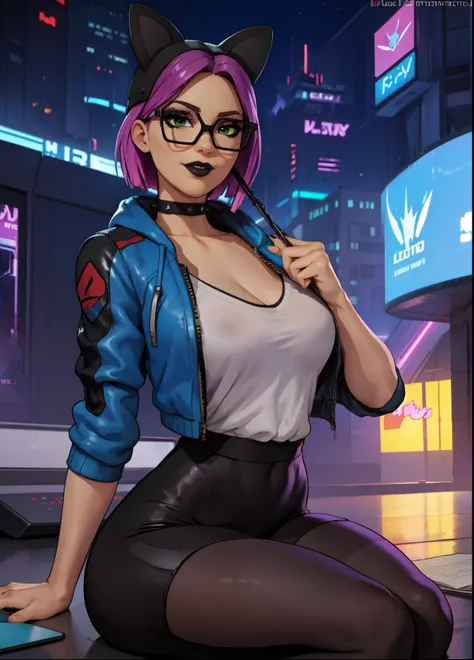 ✨1 girl,black lips,choker,spiked choker, Night, (masterpiece) evening (Cyberpunk Night)(Best Quality) gaming ,(Alone), looking at the viewer, high detailed,extremely detailed, fine green eyes,dynamic pose,mischievous smile ,short pink hair,cap, loose V-nec...