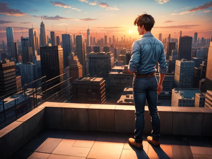 A man from behind, standing on the rooftop, looking at the city, oil painting, detailed cityscape, best quality, ultra-detailed, realistic:1.37, skyline, sunset, vibrant colors, warm tones, dramatic lighting, shadows, modern architecture, sunset, 