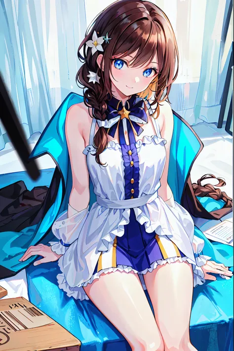 ((masterpiece)),(((bestquality))),((Super detailed)),((figure)),dynamicangle,  1 girl,Alone,full_Boy,Bella_penguin, medium sized _chest,Sit-in,,  Brown Hair， shortcuts，Messy Hair，Short braided hair，Neat，Slender beauty，Correct posture，小chest，Beautiful legs，...