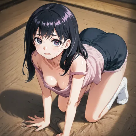 God Quality, ANIMEMOA ART STYLE , Perfect Anatomy, high quality skin,nsfw,(Bird’s Eye View:1.4),Age 15,breasts focus,pink camisole with loose chest,short pants,short white socks,gloomy tatami room,slant eyes,straight long black hair,{{beautiful small-size...