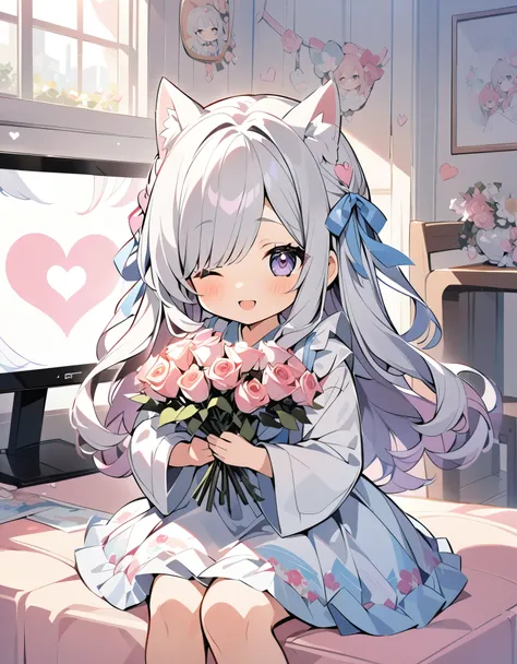 A cute anime girl with long hair, wearing an angelic dress and holding roses in her hands, is depicted on the right side of the screen. She has white fur around one eye that adds to her cuteness. The background is pure white, creating contrast between ligh...