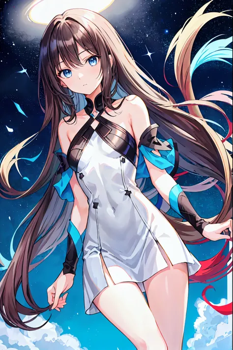 Brown Hair， shortcuts，Messy Hair，Slender beauty，Dignified posture，Small breasts， beautiful legs with tails，  Her enchanting gray-blue eyes shine like stars，Long black hair anime girl、I&#39;m wearing blue jeans，Girl posing for photo in white  good and tight...