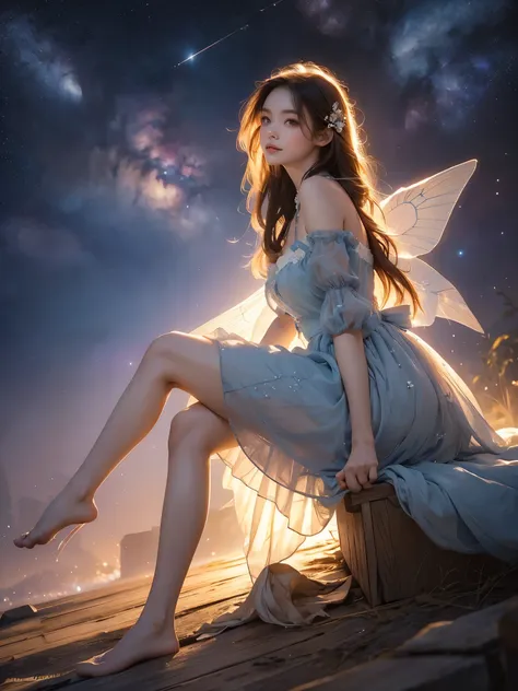 blue dress,blue sleeves,dress bow,layered dress,choker,butterfly wings,hair flower,long dress, (Asian beauty, full body photo: 1.2), (Night, starry sky, space scene), (Sitting on the ground, side view: 1.3), warm sunset light, (Slim sporty figure: 1.1), (v...