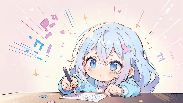 (Pastel Background:1.2), Pattern Background, ( Small Graffiti Everywhere),  Studying at Your Desk 、Deadline Approaching 、In a hurry, impatience,(Light background:1.2)