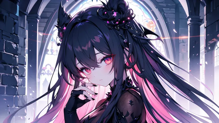 Create an image set with a photorealistic dark chapel, Illuminated only by moonlight, Featuring an anime-style girl character as the central character. She is portrayed as an evil guru., She is wearing a jet black dress with a striking black veil., Pale sk...