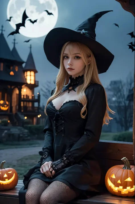 A charming Halloween scene featuring a young blonde witch sitting on a dark bench amidst several jack-o’-lanterns. She is dressed in an elegant, tight-fitting black witch outfit, with a large pointed hat adorned with a ribbon. The witch’s dress is laced at...