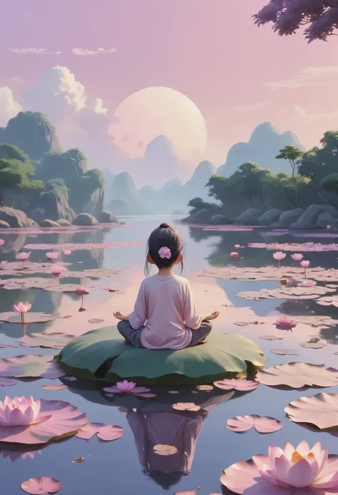 masterpiece, best quality, ultra-detailed, minimal object, chibi, Low Fidelity (lofi) art style, pastel pink and purple tones. A small island floats gently on a calm lake, but instead of earth, the island is made entirely of giant lotus petals that softly ...