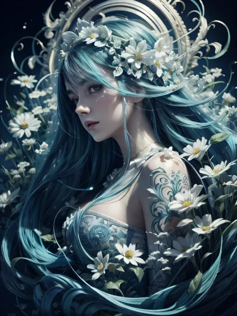 a stunning art, abstract, flowery, predominantly blue, white, upper body, centered, key visual, intricate, highly detailed, brea...