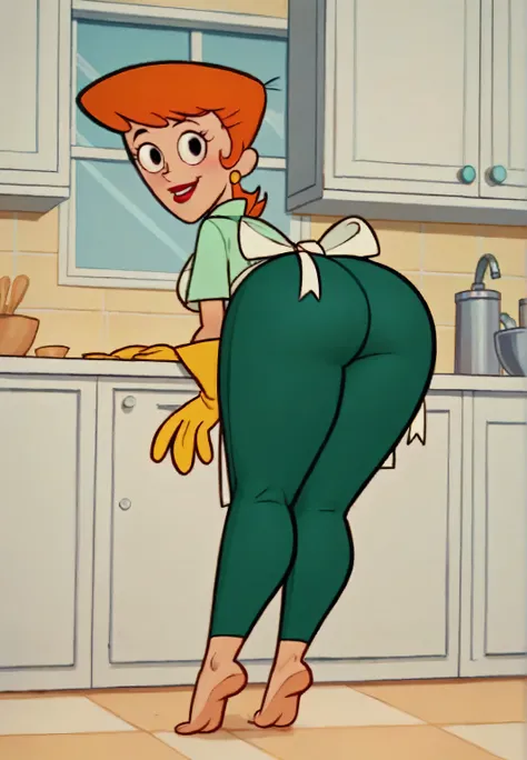 score_9, score_8_above, score_7_above, BREAK, 1 girl, Alone, old man, dextermom, makeabove, red hair, cut Chanel jewelry, yellow gloves, aqua shirt, very tight Green leggings, green apron, body above the body, portrait, mature woman , deep down she is in t...