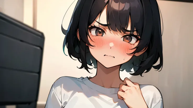 A girl with a black short hair style, she had a big chest, long bangs, white eyes, expressive face,cute face, tsundere face, shes blushing so much, shes wearing a plain white shirt, with angry and shouting but blushing expression, at an apartment room back...