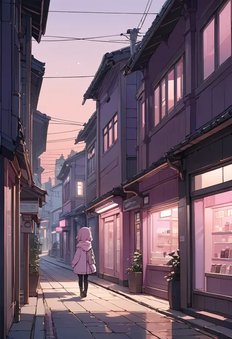 masterpiece, best quality, ultra-detailed, Low Fidelity (lofi) art style, pastel pink and purple tones, simplified old street. chibi,A small figure is walking down an old street toward a quiet train station in the distance. The storefronts along the street...