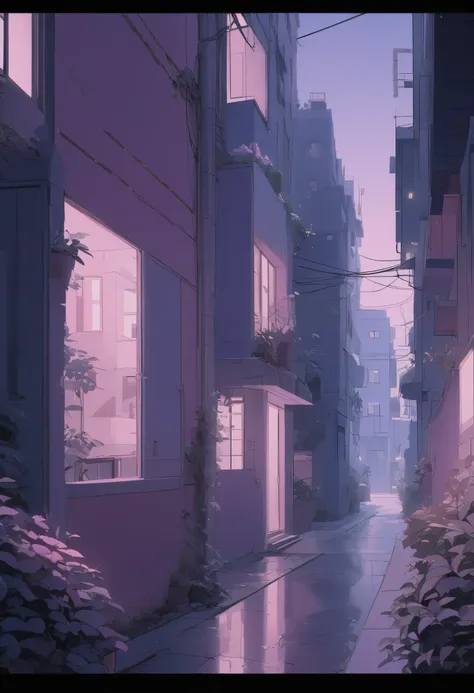 masterpiece, best quality, ultra-detailed, Low Fidelity (lofi) art style, pastel pink and purple tones, simplified background. A minimal scene featuring the corner of a small apartment building in a quiet residential area.minimal object, The figure stands ...