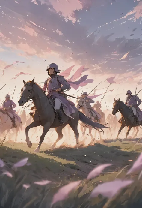 masterpiece, best quality, ultra-detailed, low fidelity (lofi) art style, pastel pink and purple tones. a cavalry charge across ...