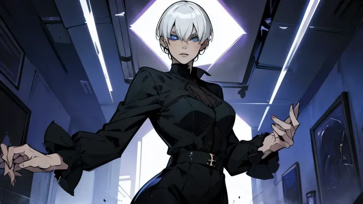 Young female, an evil demonic woman, white hair, blue eyes, short hair, arrogant mood