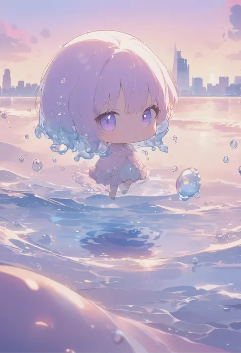 masterpiece, best quality, ultra-detailed, minimal object, chibi, Low Fidelity (lofi) art style, pastel pink and purple tones. A massive droplet of water hovers above the ocean, suspended in the air as if time has frozen. Inside the droplet, a small chibi ...